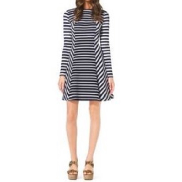 MICHEAL MICHAEL KORS fit and flare striped long sleeve mini Dress size 4 skater - Picture 2 of 12